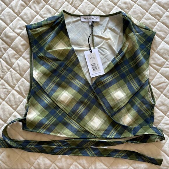 NWT WeWoreWhat Plaid Green and Blue Sleeveless Wrap Crop Top Small - Picture 5 of 6